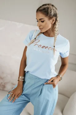CandyTM T-SHIRT Z NAPISEM PROSECCO BŁĘKITNY