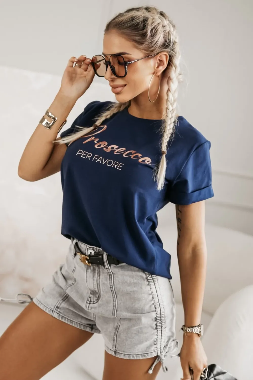 CandyTM T-SHIRT Z NAPISEM PROSECCO GRANATOWY