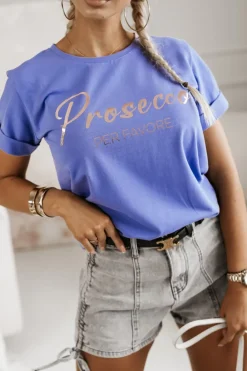 CandyTM T-SHIRT Z NAPISEM PROSECCO LAWENDOWY