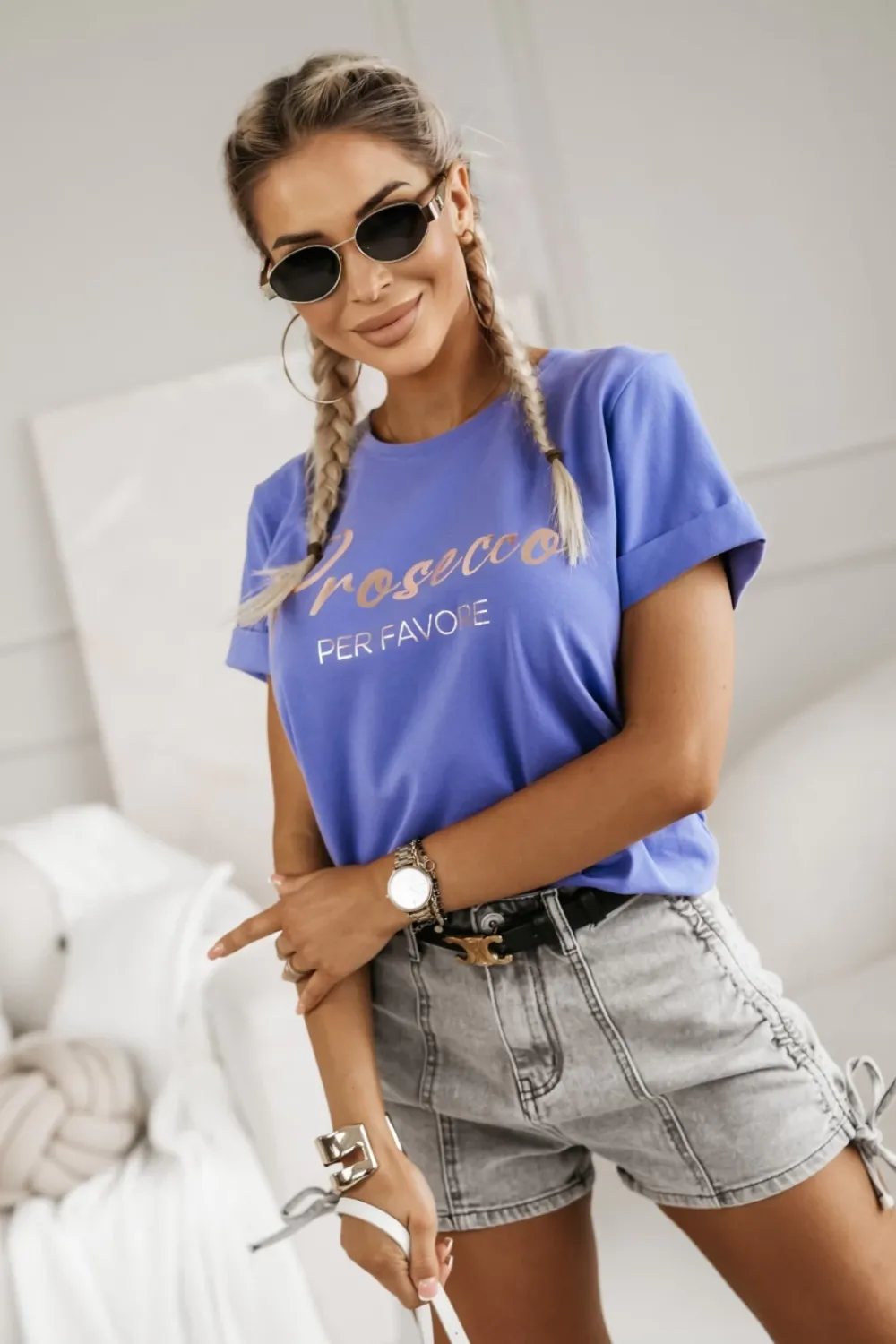 CandyTM T-SHIRT Z NAPISEM PROSECCO LAWENDOWY