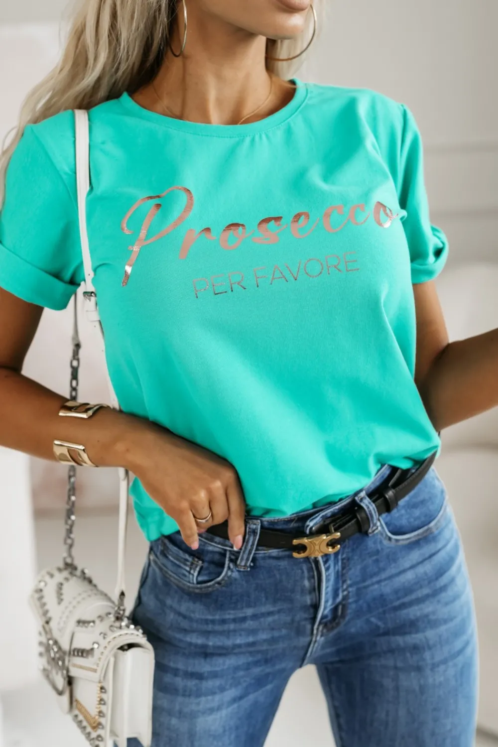 CandyTM T-SHIRT Z NAPISEM PROSECCO ZIELONY