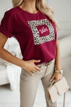 CandyTM T-SHIRT Z PANTERKOWYM NADRUKIEM VIBE BURGUNDOWY