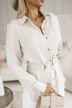 CandyTM TUNIKA KOSZULA RAYON Z WISKOZY Z PASKIEM W KOMPLECIE BEŻOWA