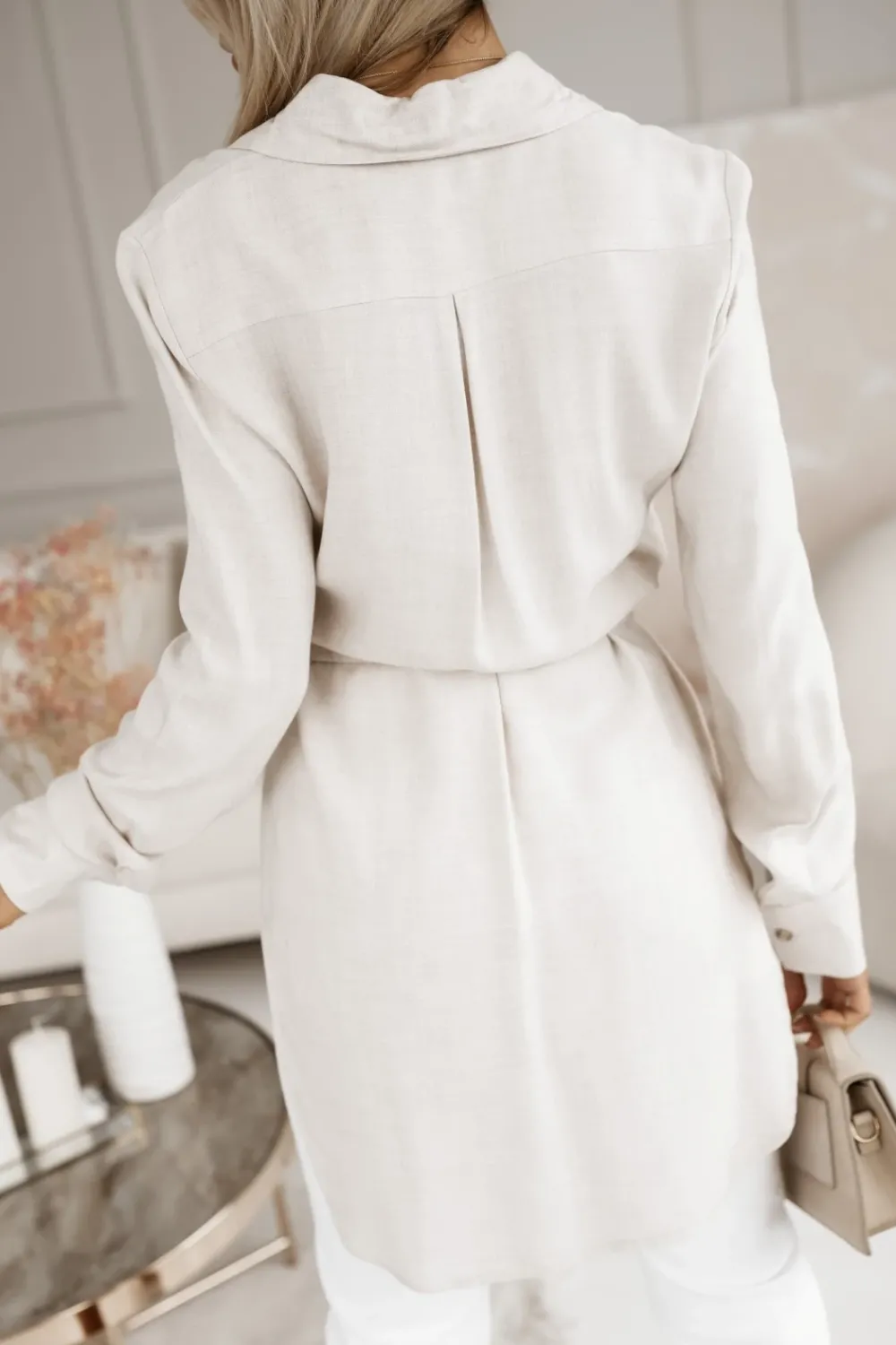 CandyTM TUNIKA KOSZULA RAYON Z WISKOZY Z PASKIEM W KOMPLECIE BEŻOWA