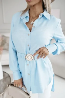 CandyTM TUNIKA KOSZULA RAYON Z WISKOZY Z PASKIEM W KOMPLECIE BŁĘKITNA