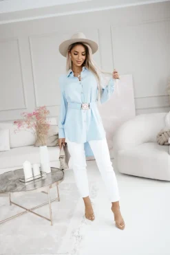 CandyTM TUNIKA KOSZULA RAYON Z WISKOZY Z PASKIEM W KOMPLECIE BŁĘKITNA