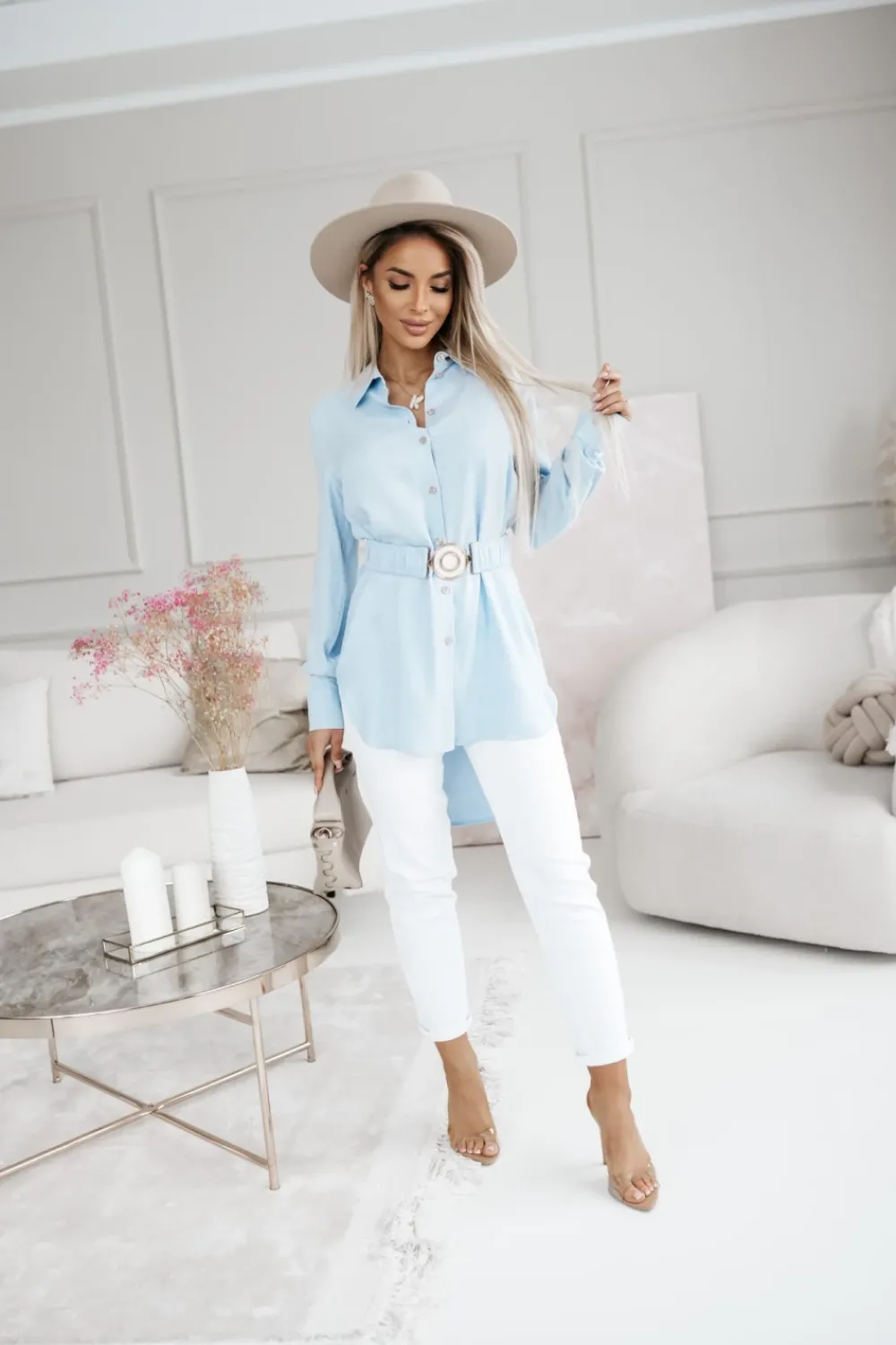 CandyTM TUNIKA KOSZULA RAYON Z WISKOZY Z PASKIEM W KOMPLECIE BŁĘKITNA