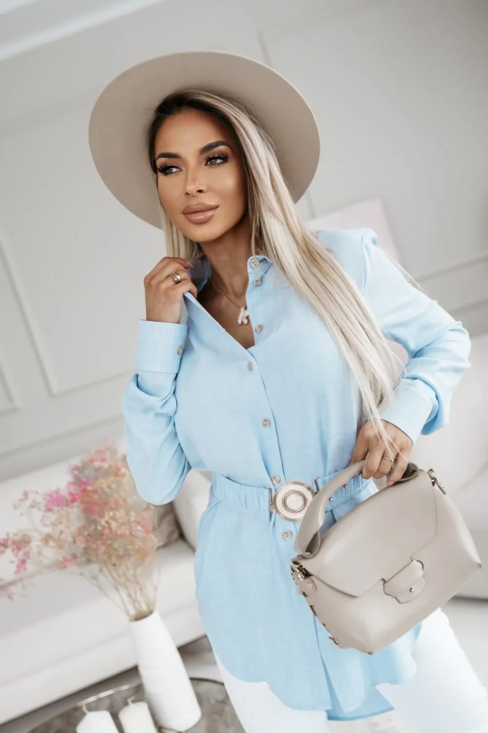 CandyTM TUNIKA KOSZULA RAYON Z WISKOZY Z PASKIEM W KOMPLECIE BŁĘKITNA