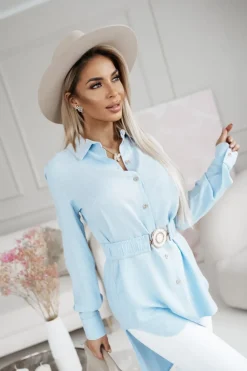 CandyTM TUNIKA KOSZULA RAYON Z WISKOZY Z PASKIEM W KOMPLECIE BŁĘKITNA