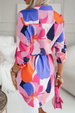 CandyTM TUNIKA KOSZULA Z PASKIEM AMERICANO W KWIATY RÓŻOWO-FIOLETOWE