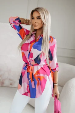 CandyTM TUNIKA KOSZULA Z PASKIEM AMERICANO W KWIATY RÓŻOWO-FIOLETOWE