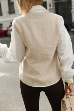 CandyTM ZESTAW 2W1 KOSZULA I PULOWER BEŻOWO-BIAŁY